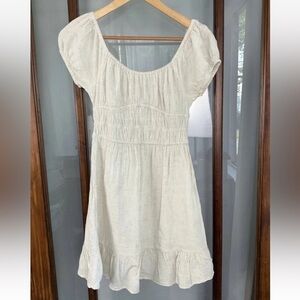 Sim Sam Linen Blend Mini Dress Small Milkmaid Off Shoulder Beige Peasant Cottage